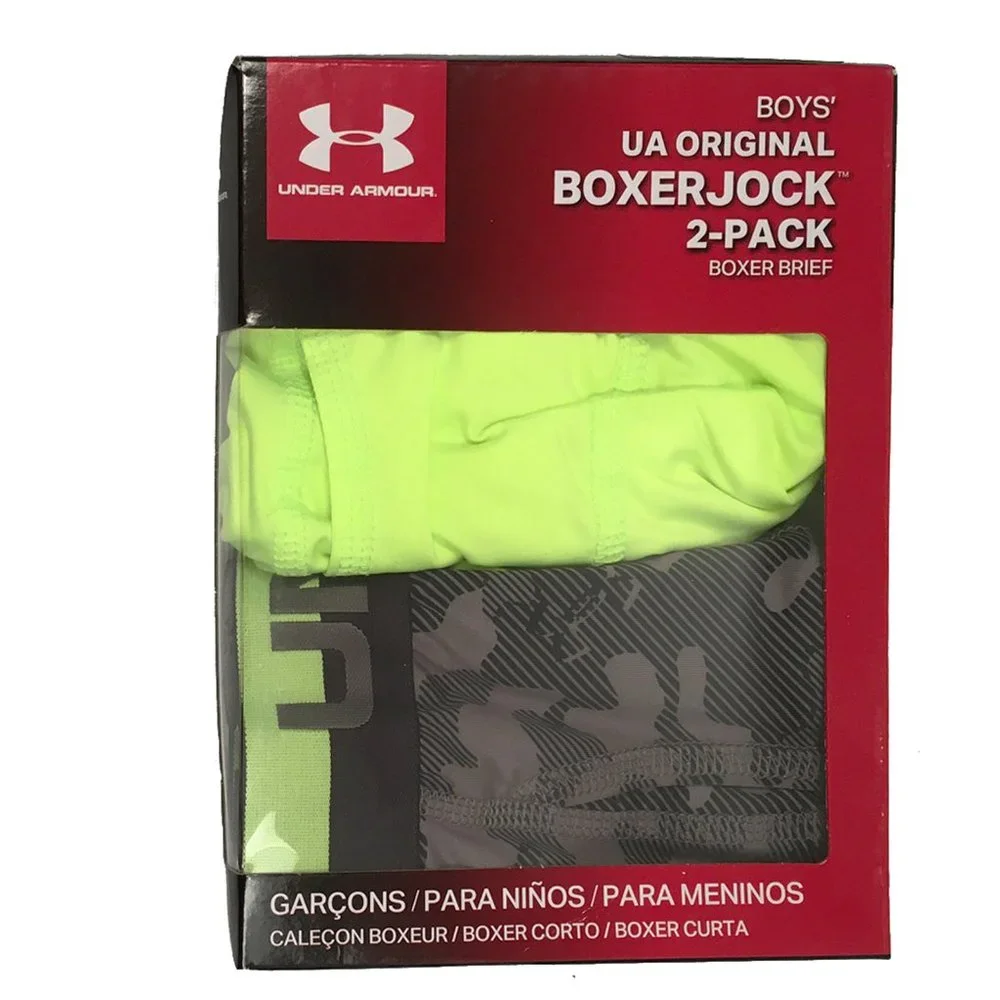 NEW 2 Pack Underarmour Boys Boxerjock Boxer Briefs! Yellow and Black & Gray Camo